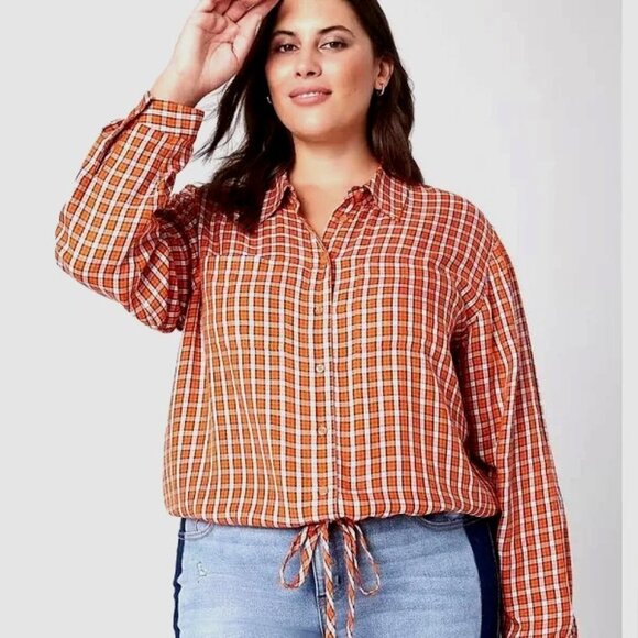 size 14 Lane Bryant flannel plaid top button down no peek cropped tie hem orange - Picture 1 of 6